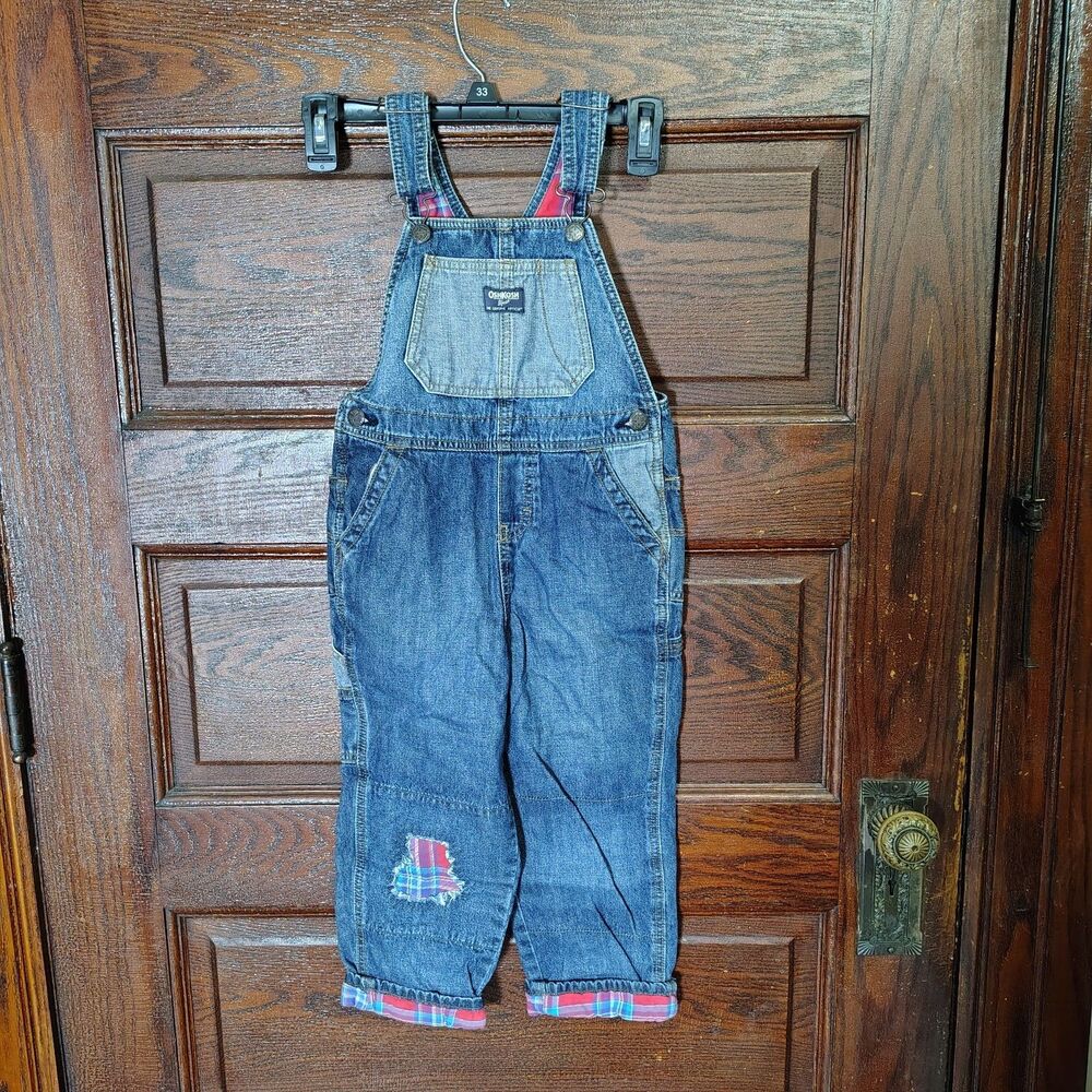 Oshkosh VTG Boys Plaid Lined Overalls 100% Cotton Sz 5T/T2